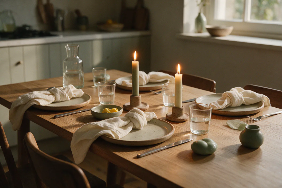 Two candles in ceramic holders on a dinner table with linen napkins.