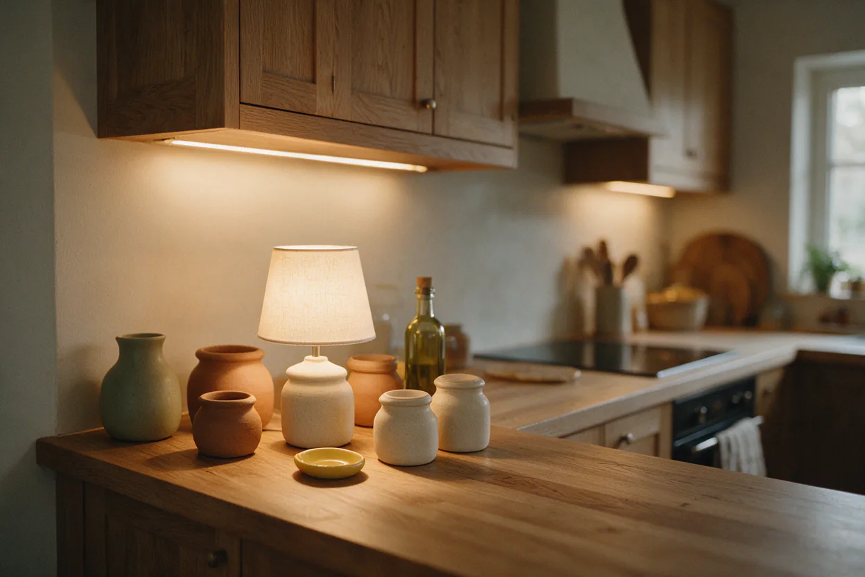 A kitchen in the evening lit by a small table lamp on the counter and soft under-cabinet light.