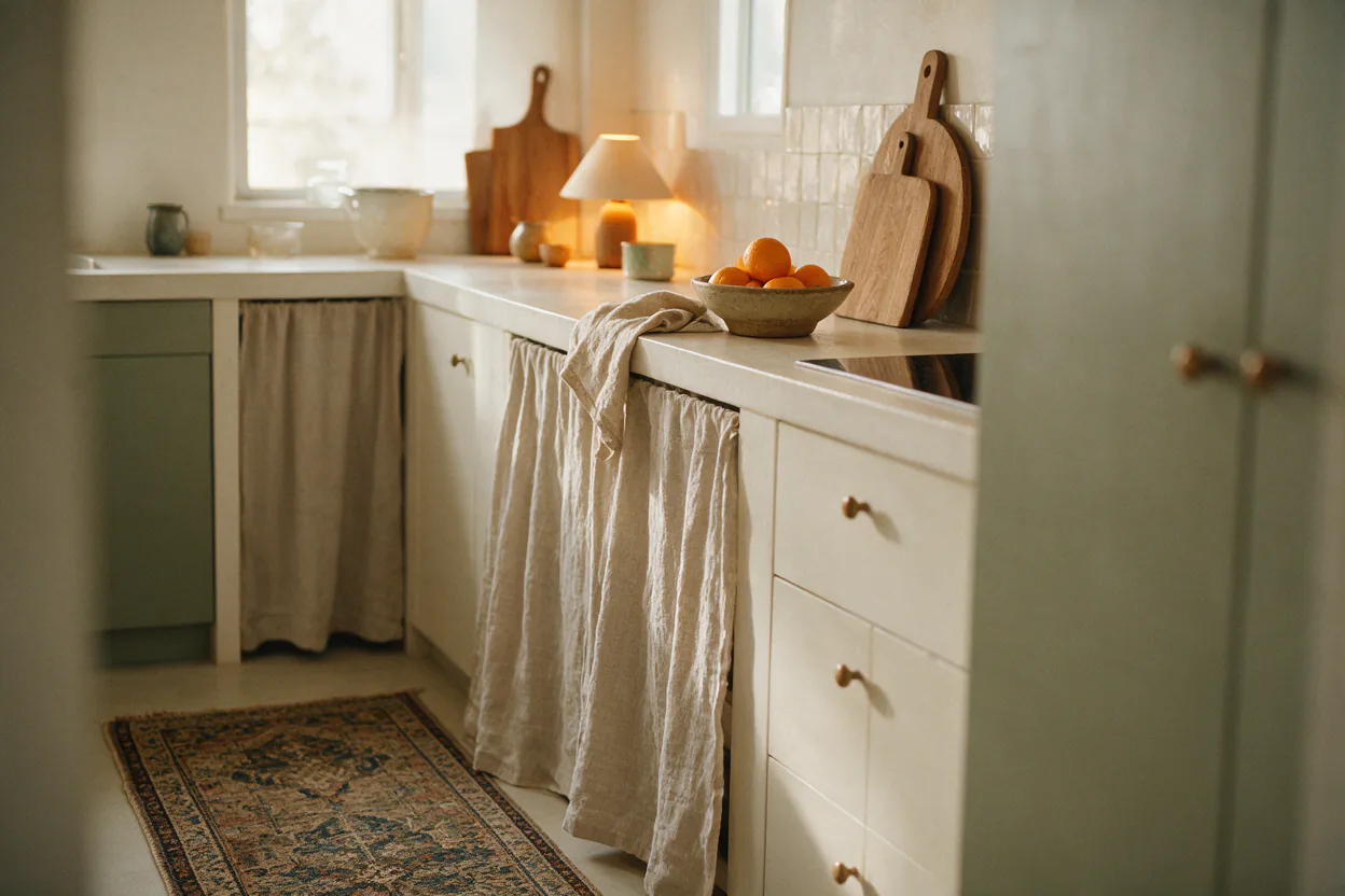 A simple white kitchen warmed up with a runner rug, a wooden cutting board, a bowl of fruit and warm evening light.