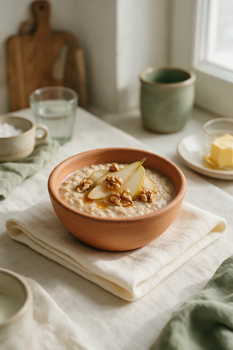 A bowl of oat porridge with pears, walnuts and honey.