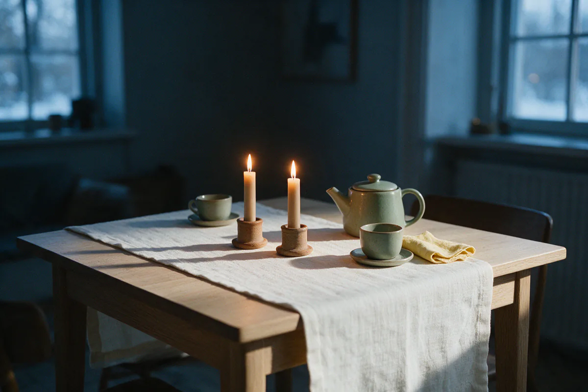 Two lit candles on a breakfast table on a dark winter morning.