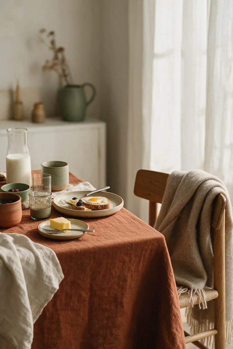 A heavy linen tablecloth and a wool throw on a chair at a breakfast table.