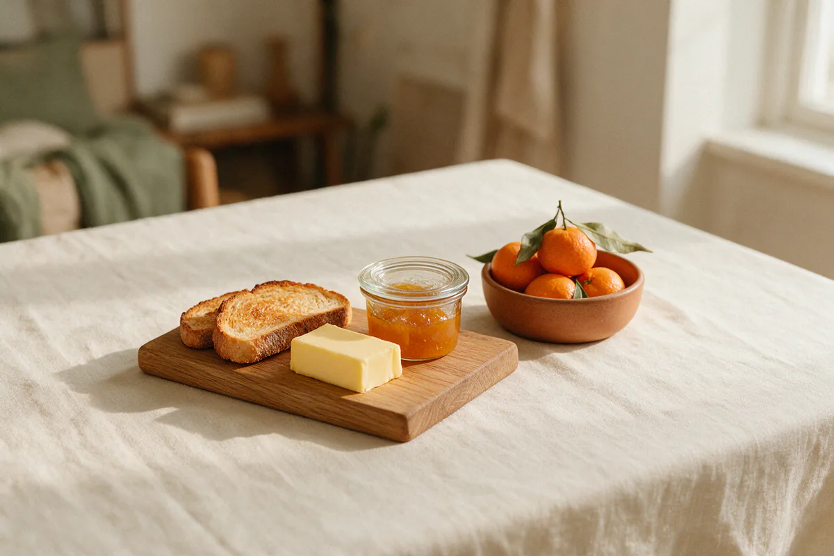 A board with toast, butter, marmalade and a bowl of clementines.
