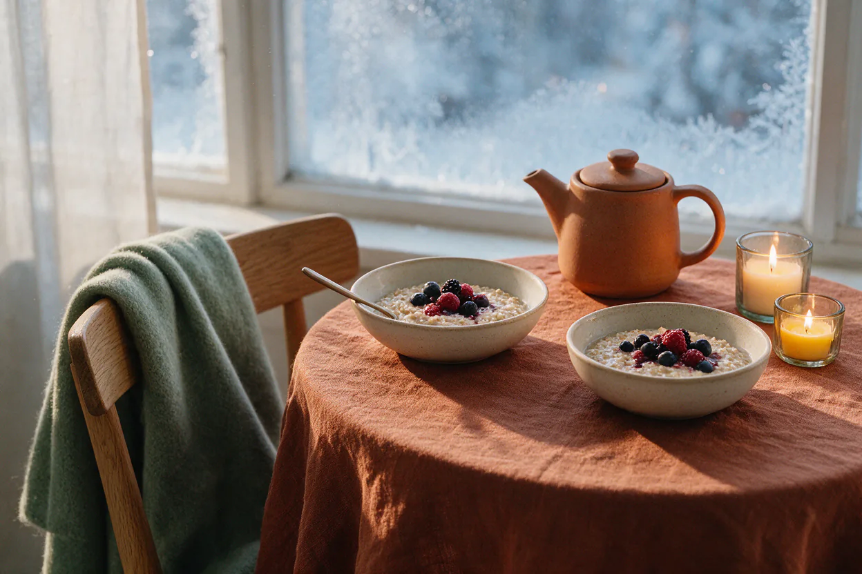 A winter breakfast table with bowls of porridge, a teapot, lit candles and a wool throw on a chair by a frosty window.