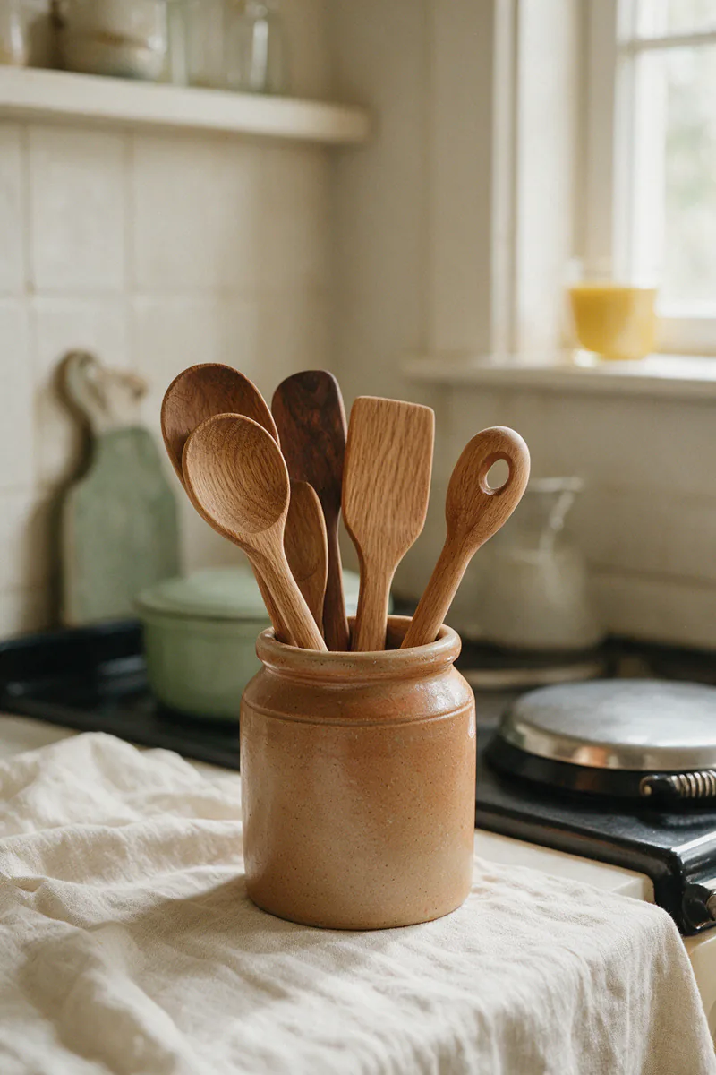 A ceramic crock of wooden spoons and spatulas next to the stove.