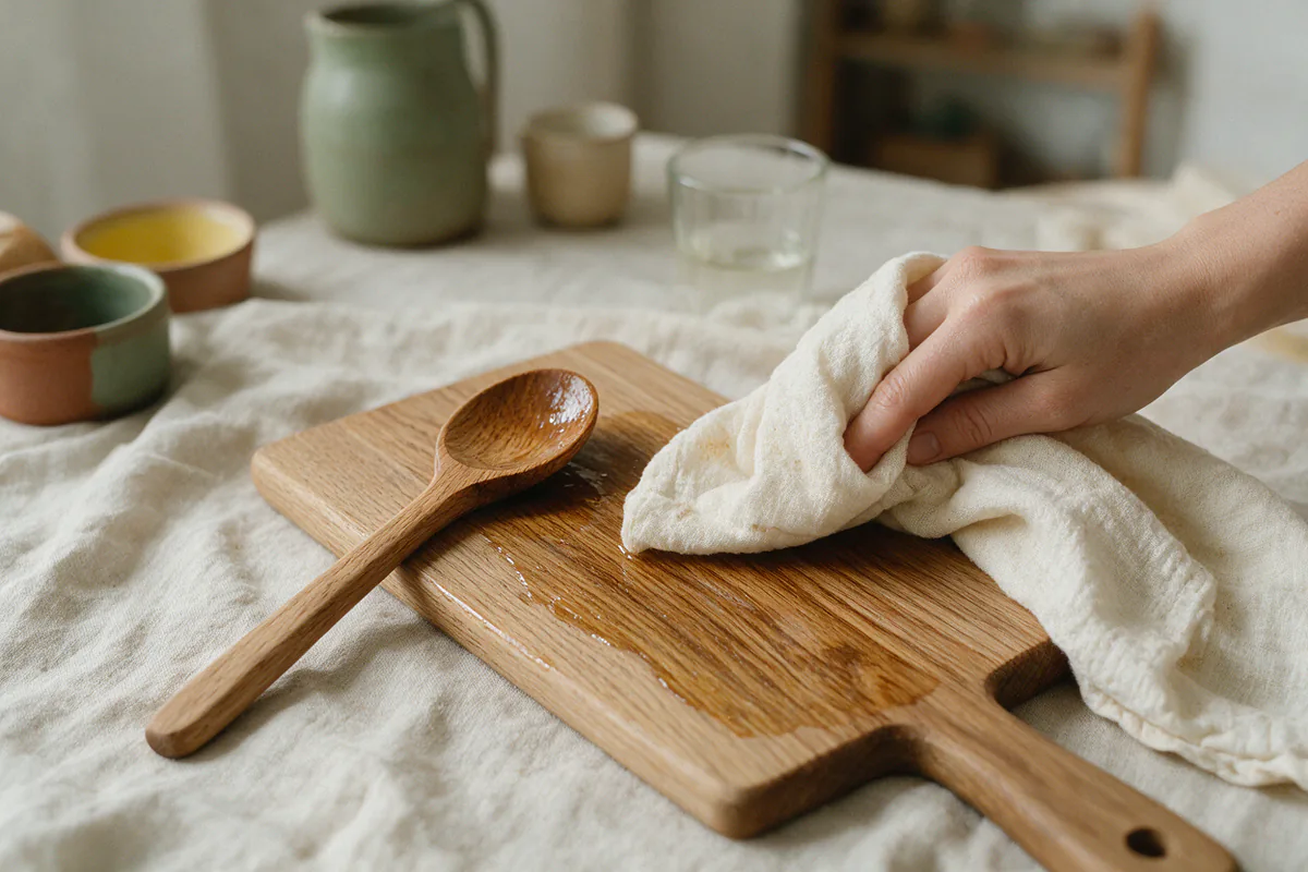 A wooden spoon and board being rubbed with oil using a linen cloth.