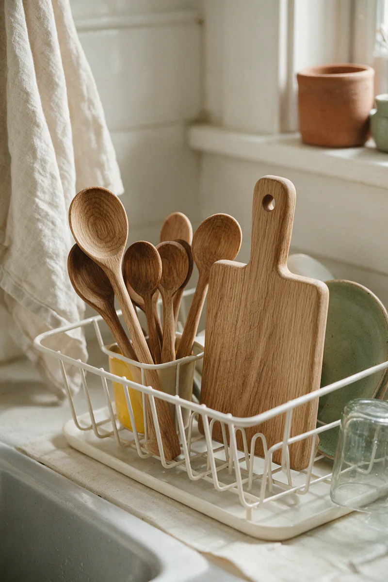 Wooden spoons and a small board drying upright in a rack by the sink.