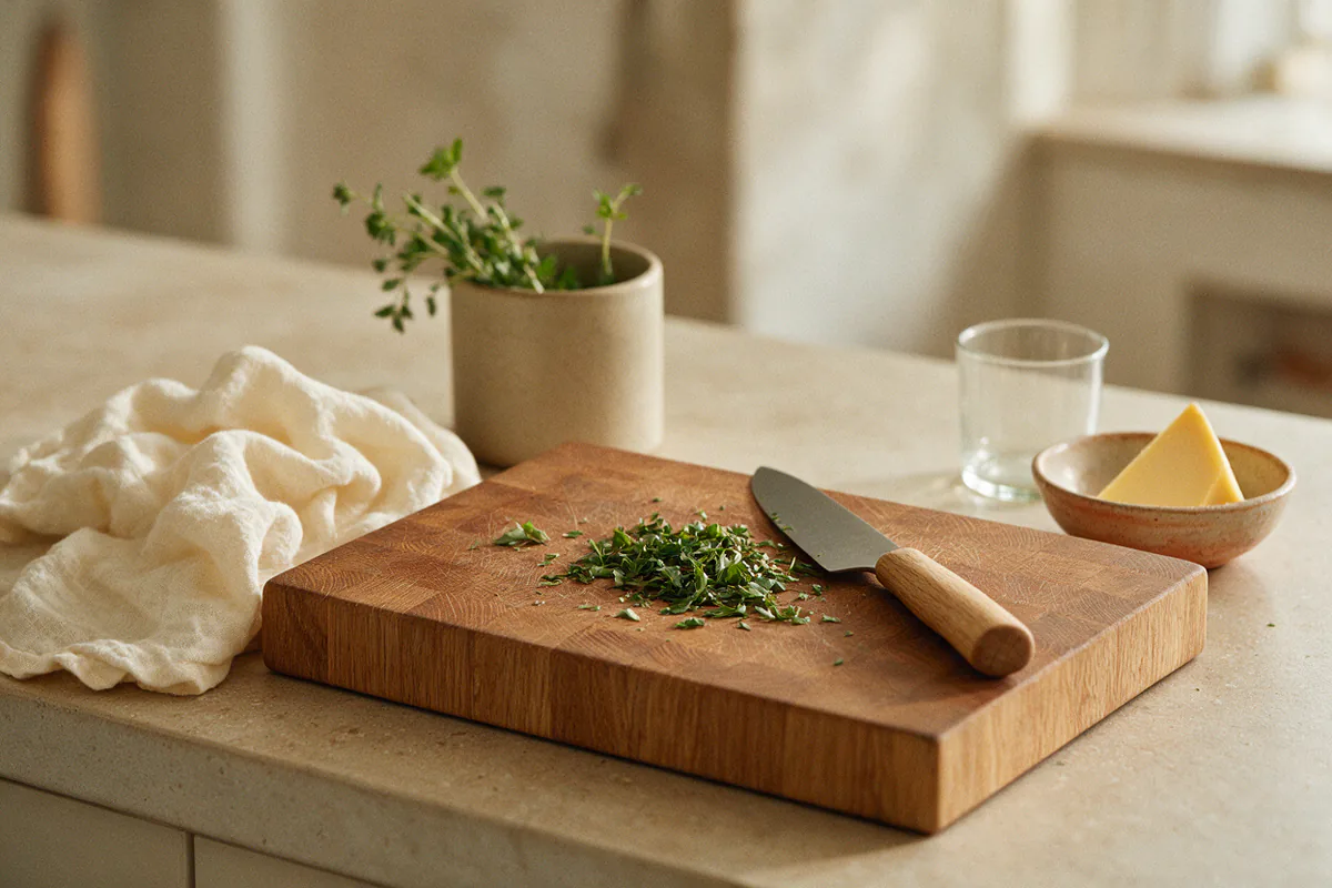 A thick end-grain cutting board with chopped herbs and a knife.
