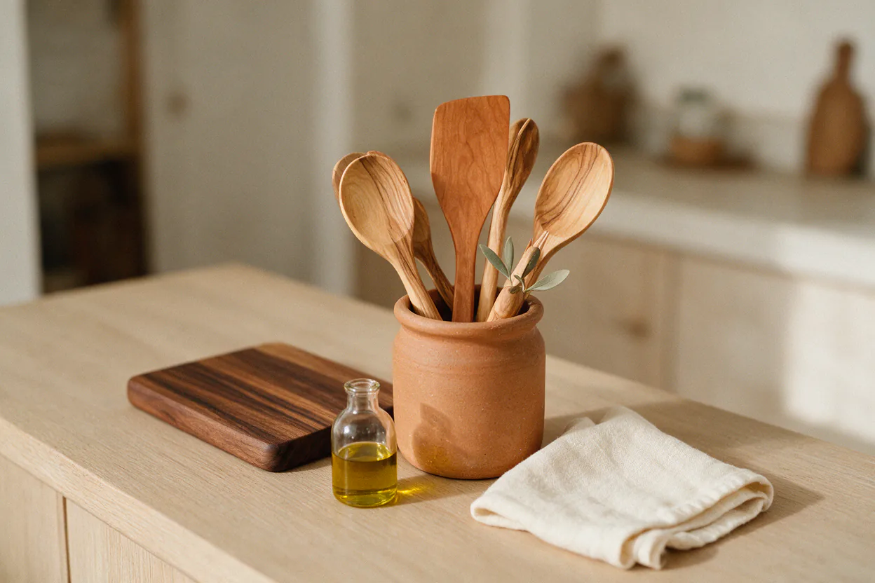 Wooden spoons, a spatula and a cutting board on a kitchen counter next to a small bottle of oil and a linen cloth.