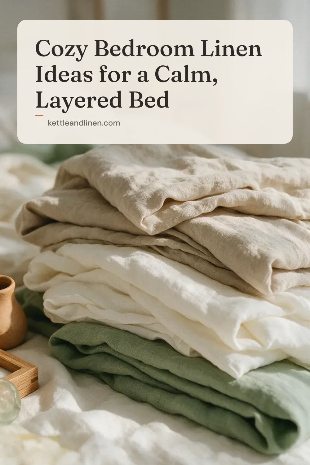 Rumpled washed linen bedding in oat, cream and sage layers.