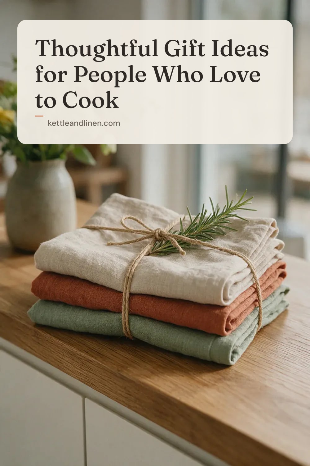 Folded linen tea towels in oat, rust and sage tied with twine and rosemary.