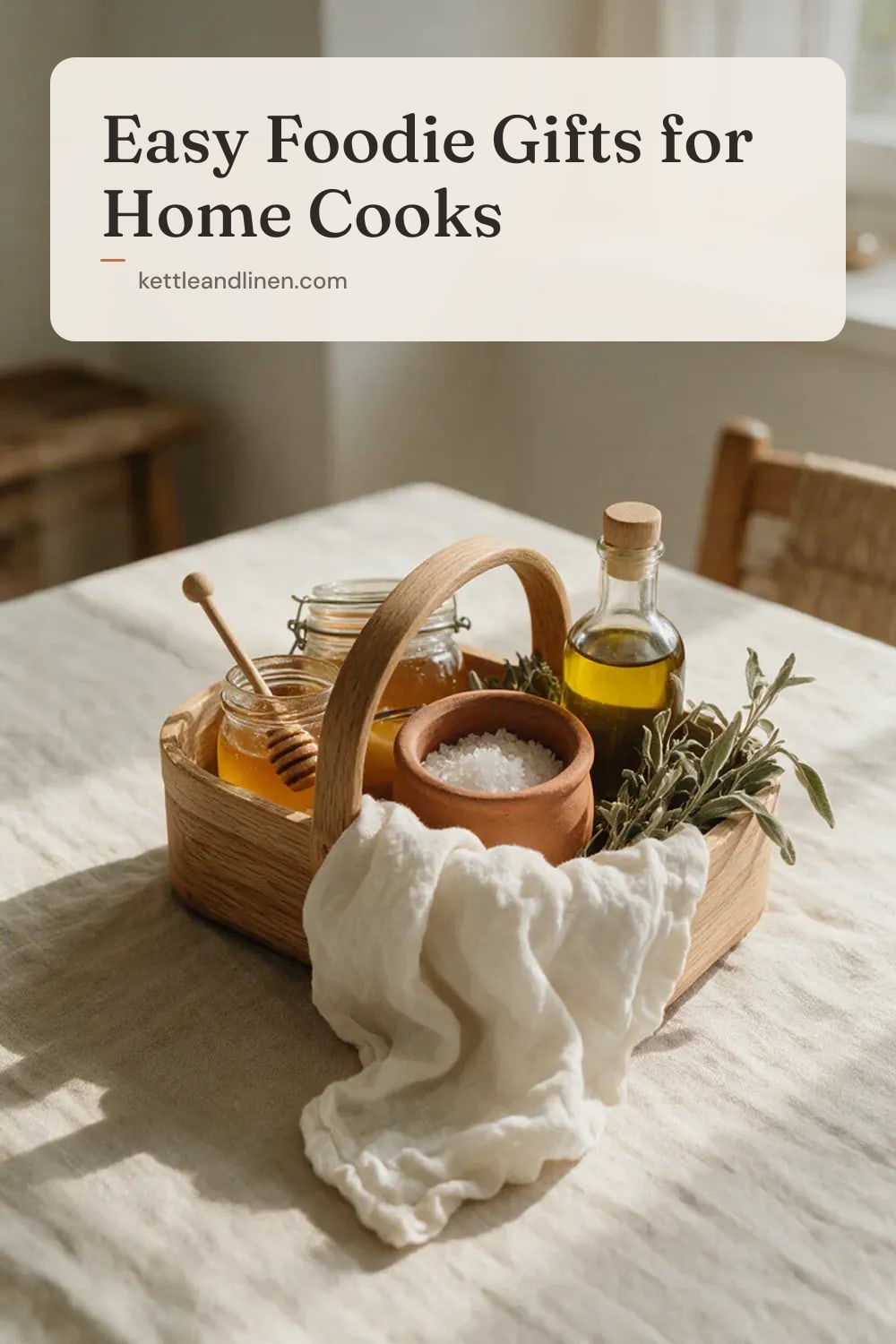 A small gift basket with honey, sea salt, olive oil and dried herbs on linen.