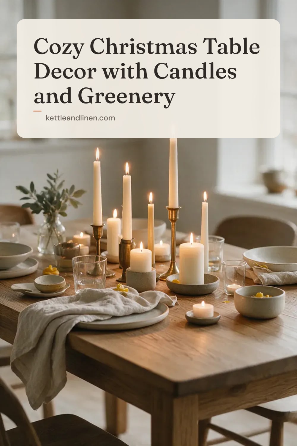 Lit candles of different heights in brass and ceramic holders on a holiday table.