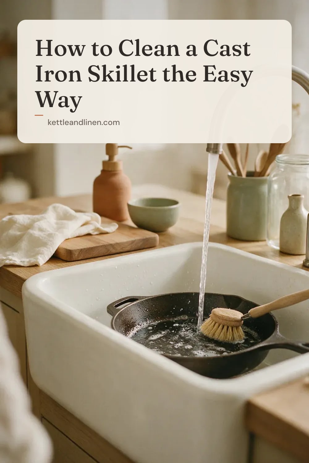 A cast iron skillet being scrubbed with a bristle brush in a farmhouse sink.