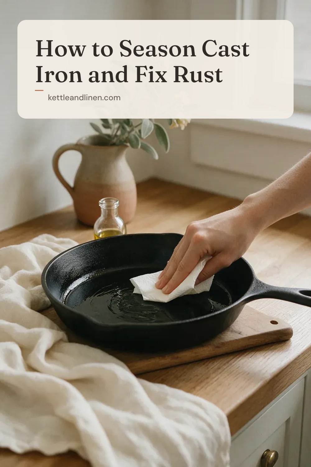 A paper towel rubbing a thin layer of oil into a cast iron skillet.