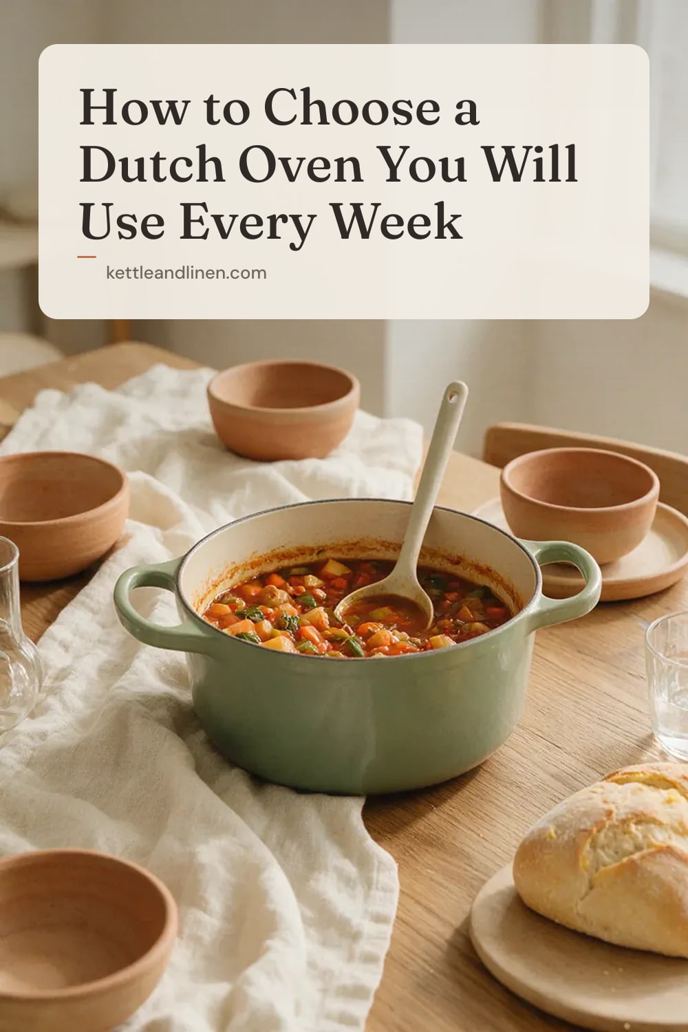 An enameled Dutch oven filled with vegetable stew on a wooden table.