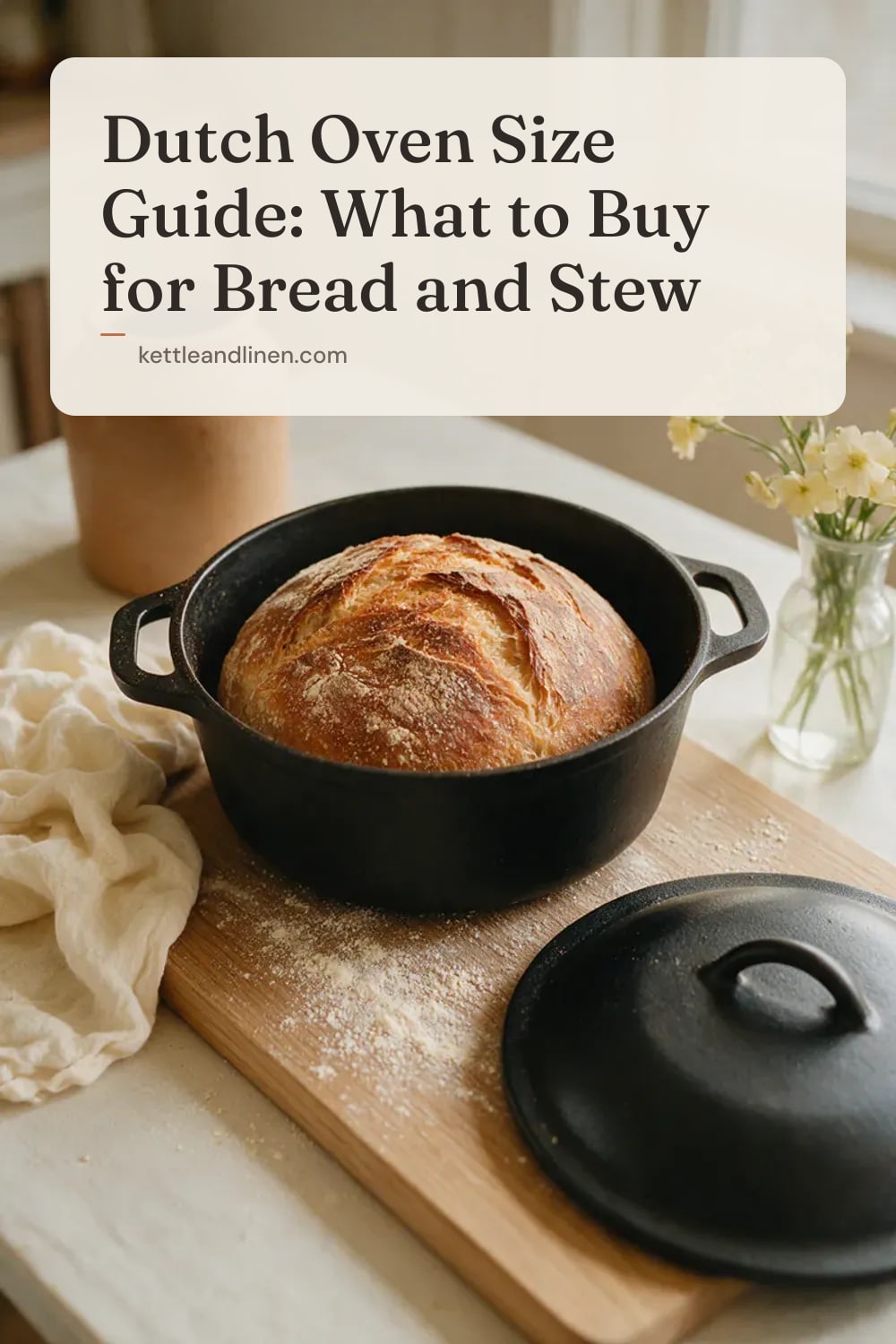 A crusty loaf of bread just baked in a black cast iron Dutch oven.