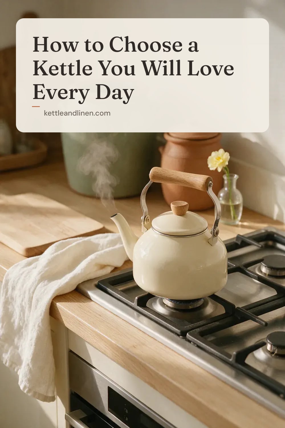 A cream enamel stovetop kettle on a gas stove with a little steam.