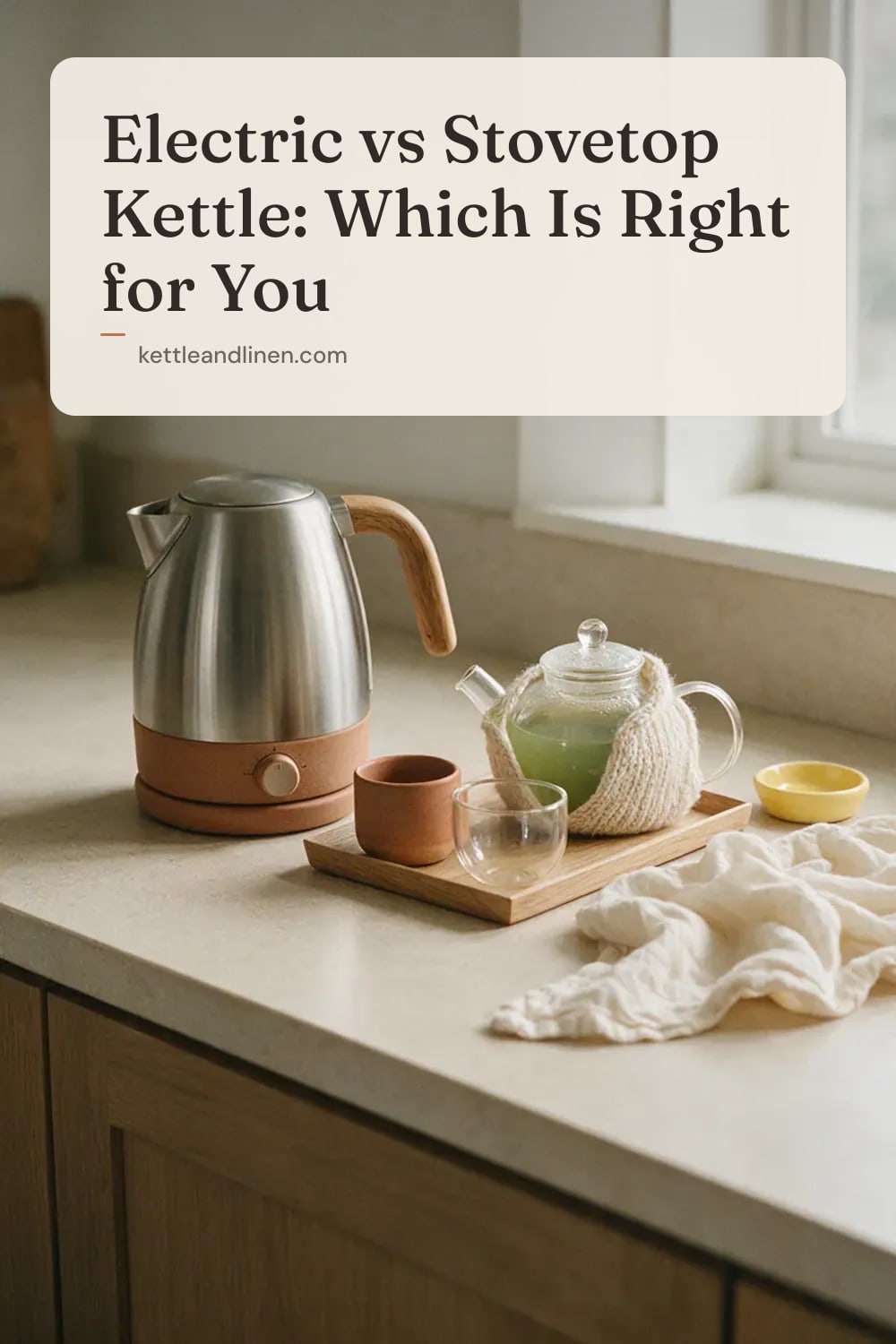 An electric kettle with a temperature dial next to a glass teapot of green tea.