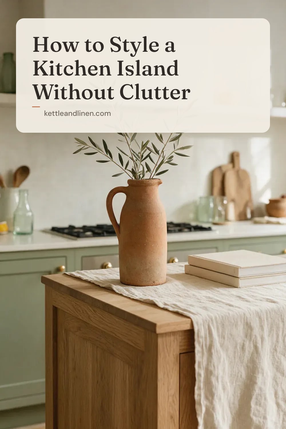 A ceramic jug of olive branches and two cookbooks on the end of a kitchen island.