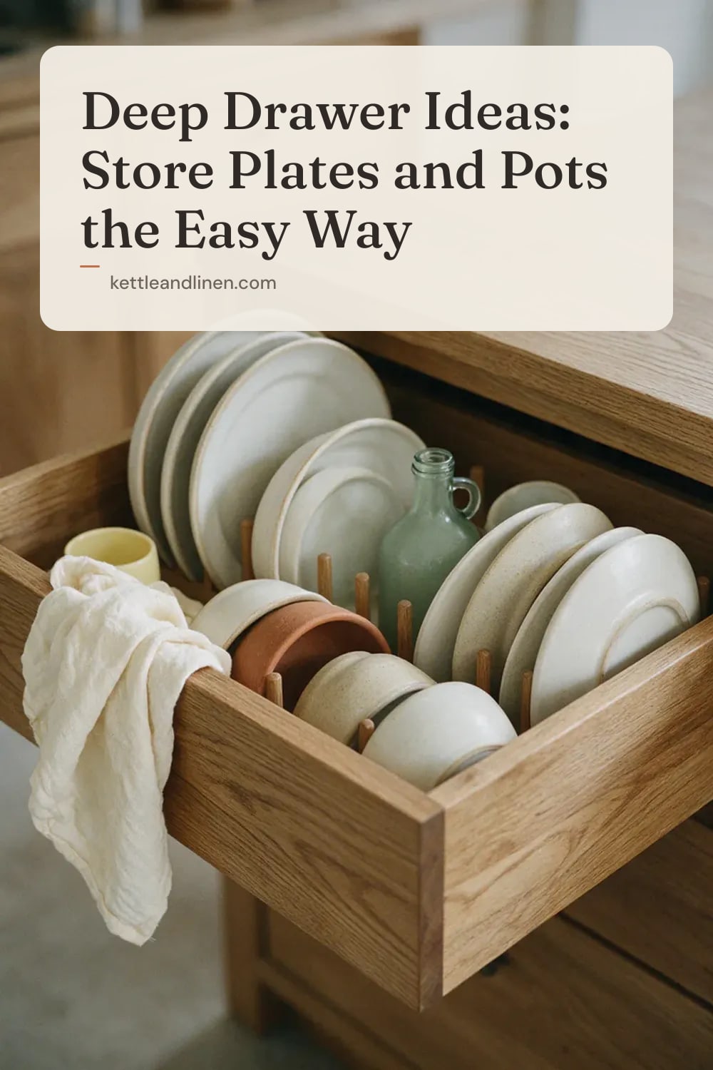 A deep kitchen drawer with wooden pegs holding plates and bowls upright.