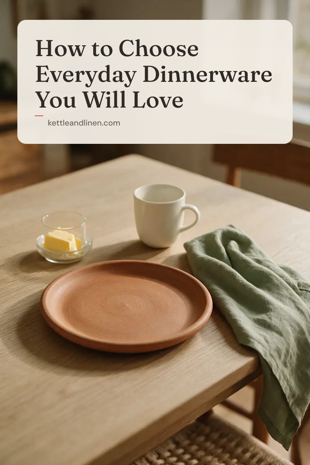 A dinner place setting with a stoneware plate, a porcelain cup and a linen napkin.