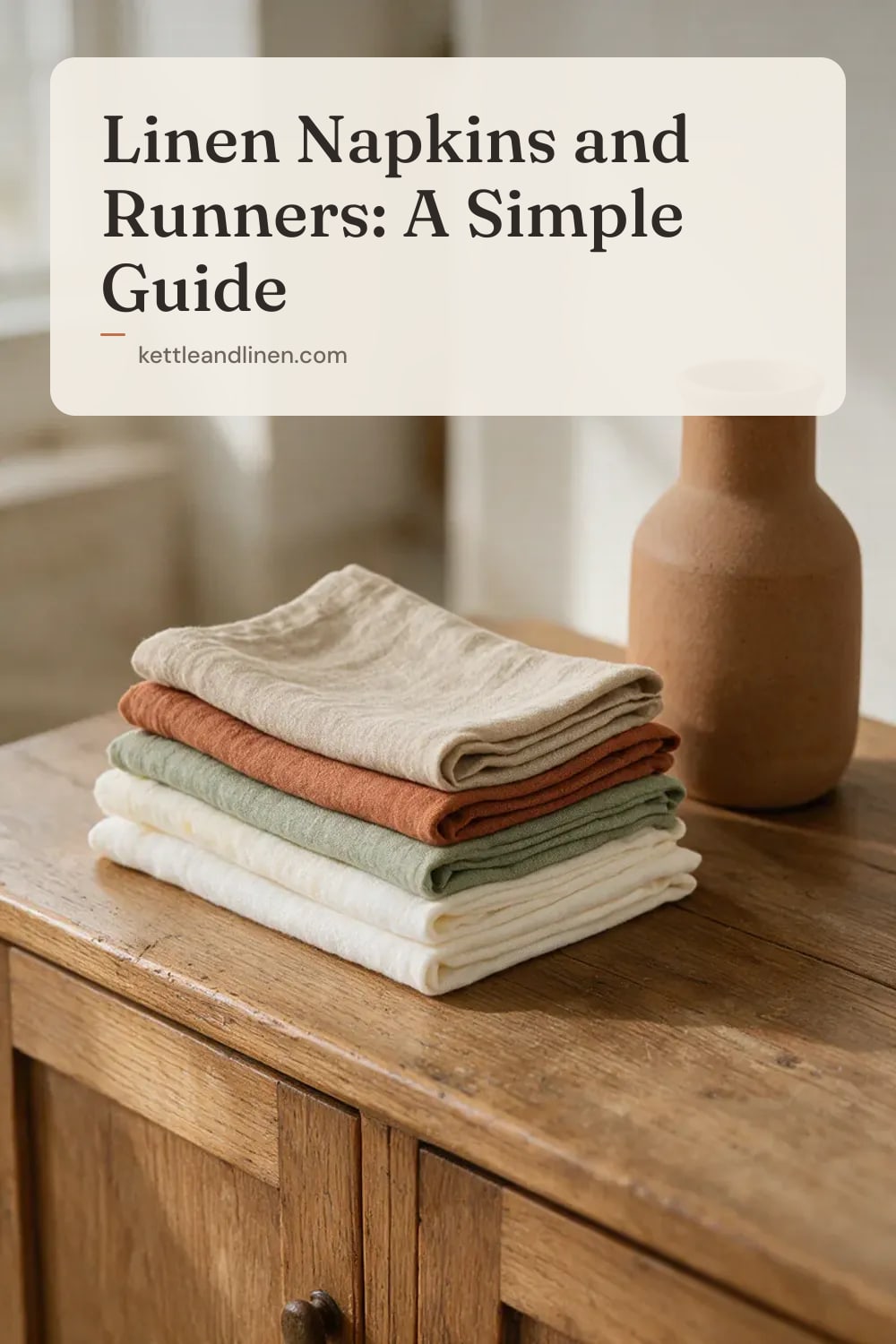 A stack of folded linen napkins in oat, rust, sage and cream.