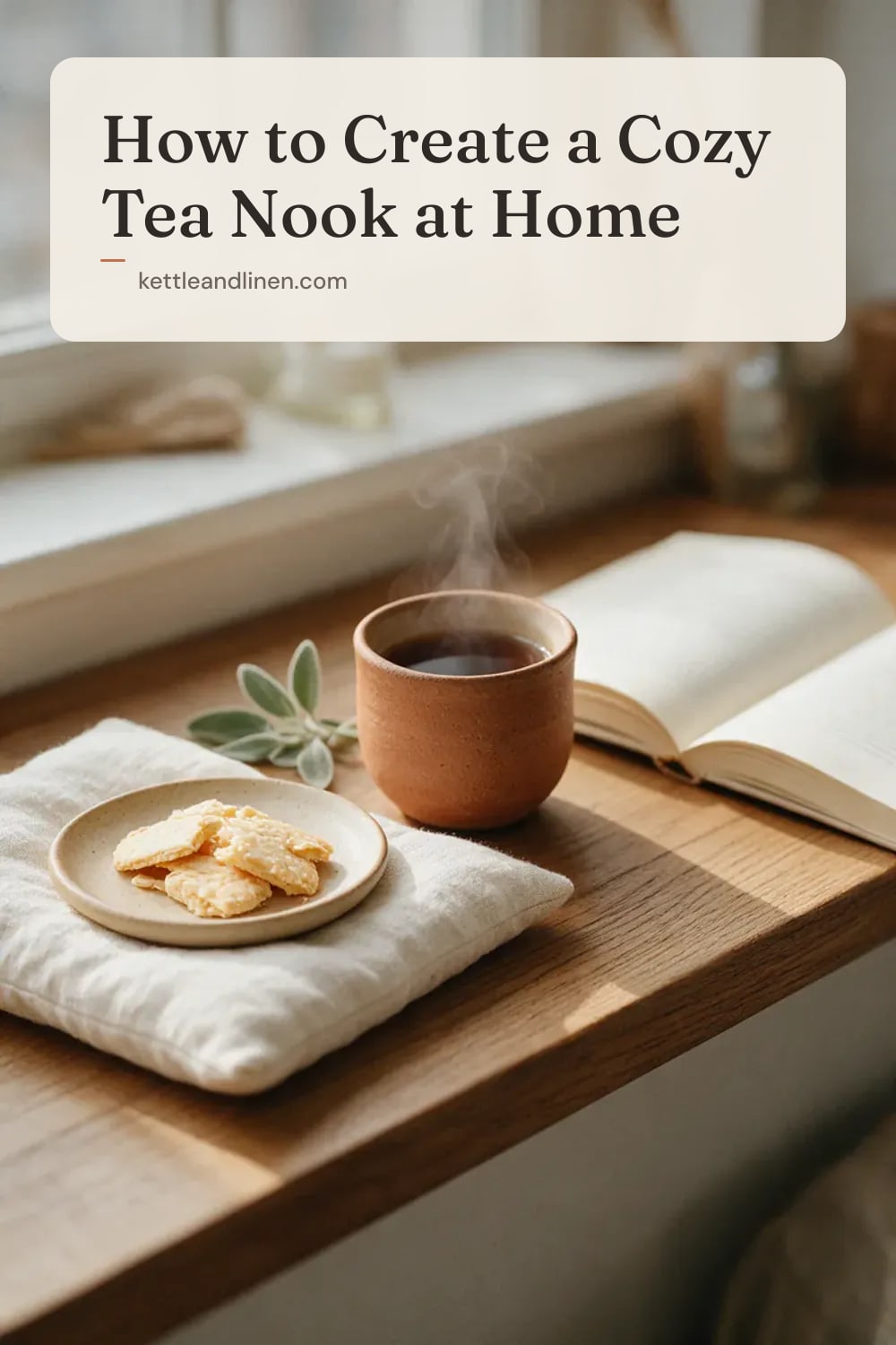 A steaming handmade cup of tea with biscuits and a book on a windowsill.