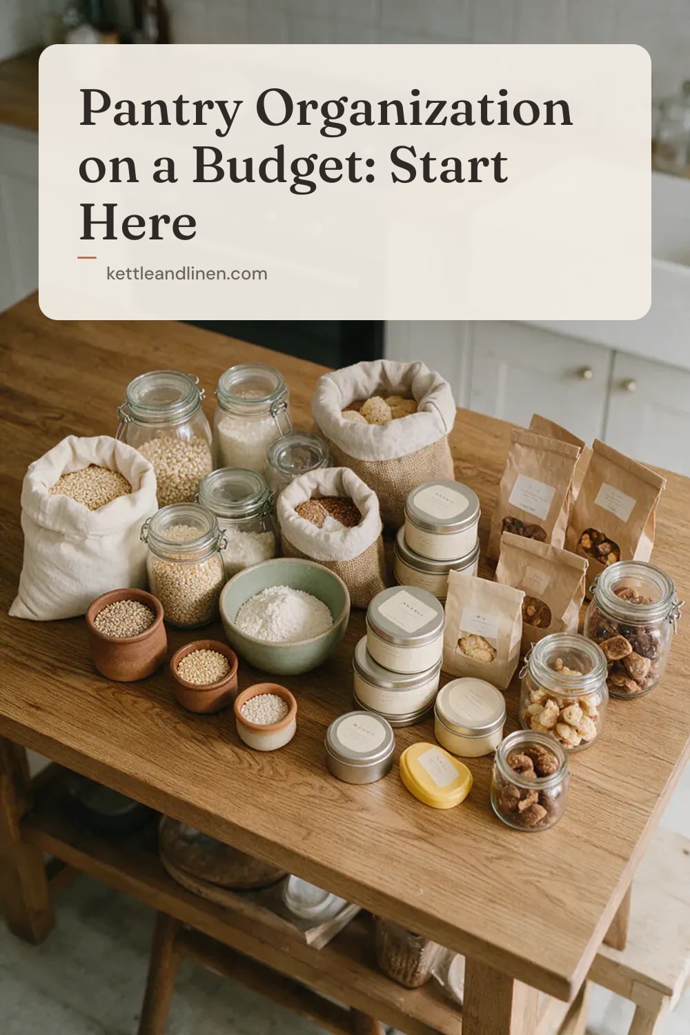 Pantry food sorted into groups on a kitchen table, seen from above.