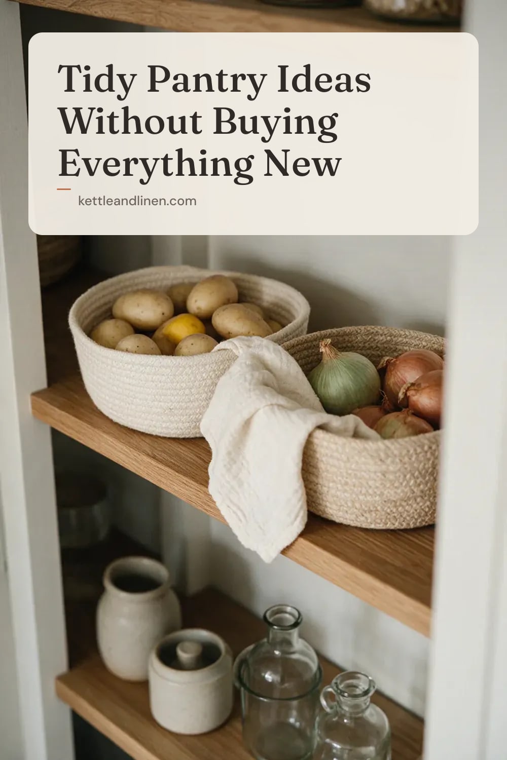 Woven baskets of potatoes and onions on a pantry shelf.