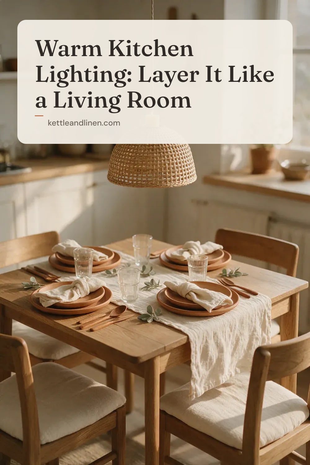A woven rattan pendant lamp hanging over a small kitchen table set for dinner.