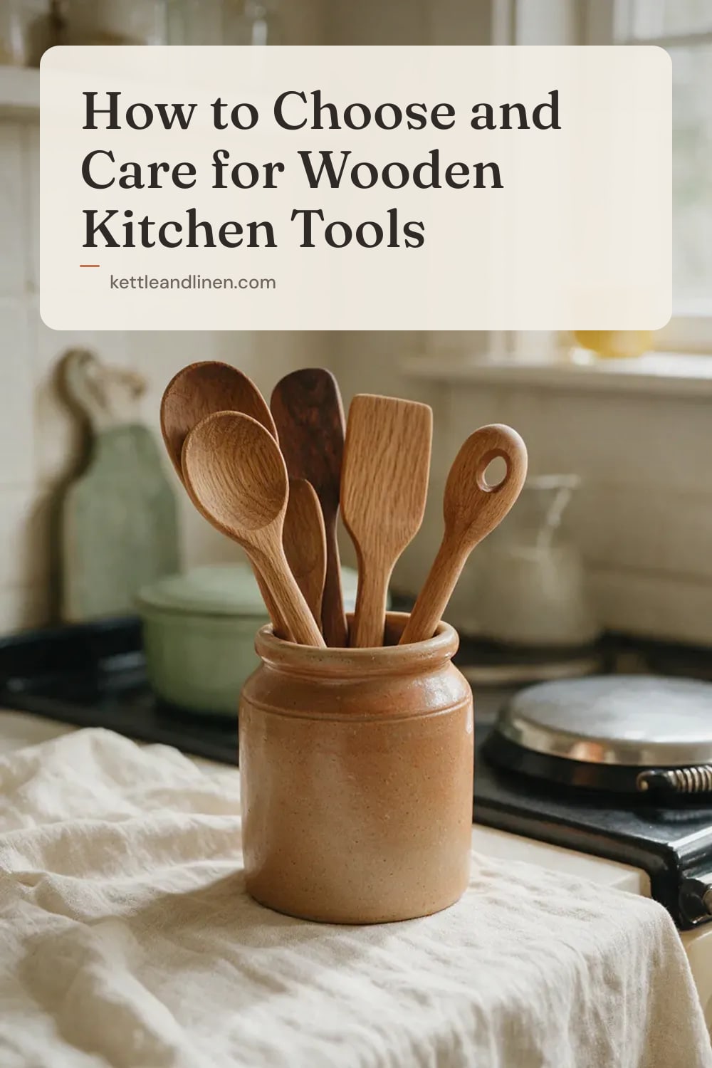 A ceramic crock of wooden spoons and spatulas beside a stove.